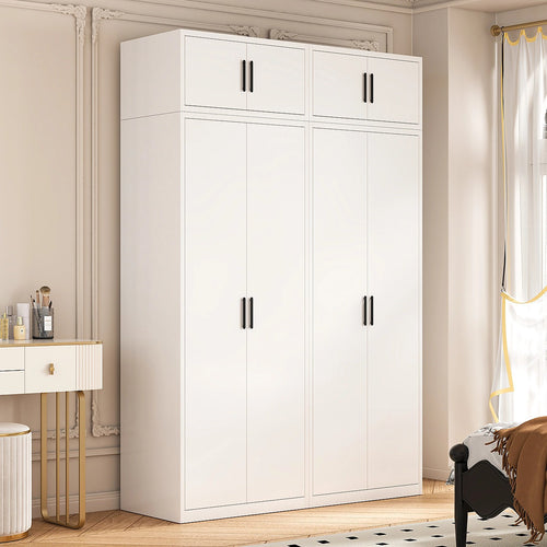 160x240cm 4-Door White Steel Hanging Wardrobe with Black Handle Storage Cabinet