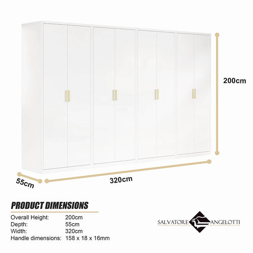 320x200cm 8-Door White Steel Shelf Wardrobe with Gold Handle Storage Cabinet