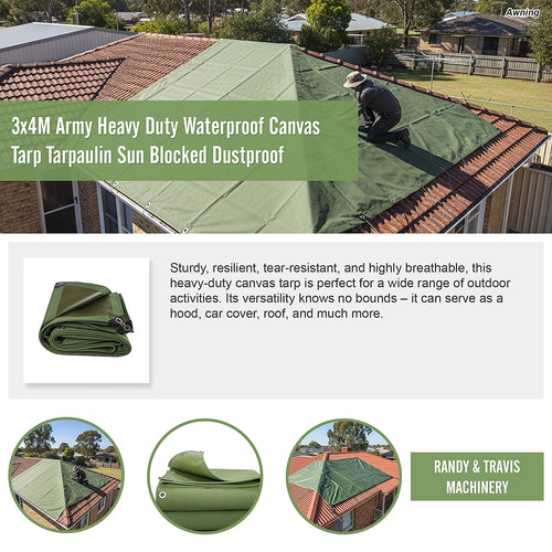3x4m Heavy Duty Waterproof Canvas Tarp – 600GSM Fabric for Outdoor Use
