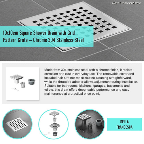 10 x 10cm Square Shower Drain with Grid Pattern Grate – Chrome Stainless Steel