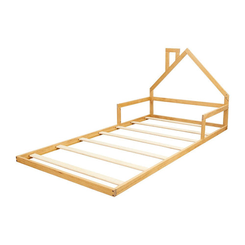 Pine Floor Bed House Frame in Wood for Kids and Toddlers - King Single