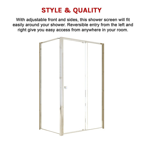 Adjustable Semi Frameless Shower Screen Front: (114~122)x195cm with Gold Hardware and Side: (98~101)x195cm