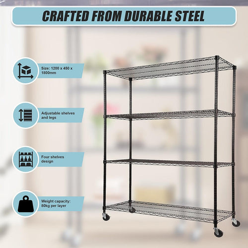 Modular Wire Storage Shelf 1200 x 450 x 1800mm Steel Shelving - Baking Black Technology with Wheels