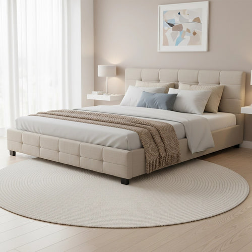 King Deluxe Beige Linen Fabric Upholstered Bed Frame with Headboard & Slats