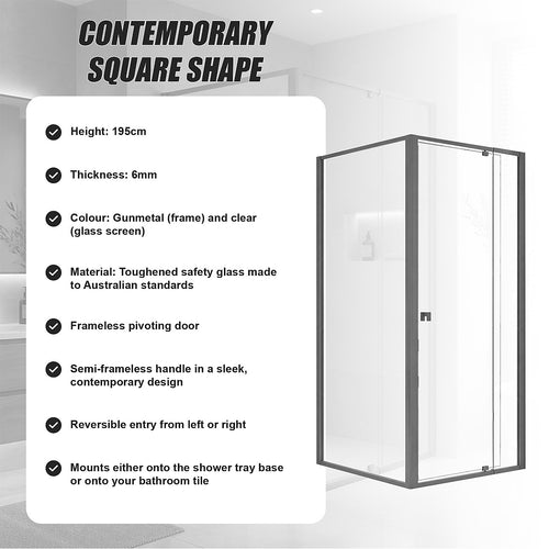 Semi-Frameless Shower Screen – Gunmetal, Front: (82~90)x195cm, Side: (77~80)x195cm