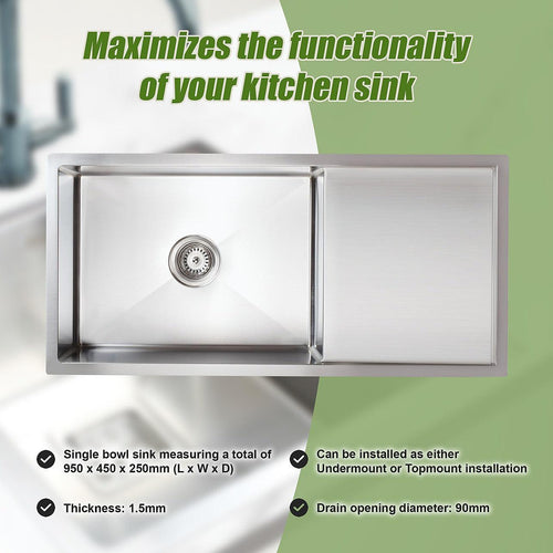 950x450mm Stainless Steel Handmade 1.5mm Sink with Waste in Stainless Steel with brushed finish Finish