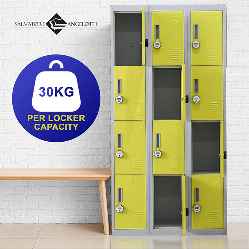 12-Door Locker – Grey with Yellow Door with 4-Digit Combination Lock | Secure Storage for Office, Gym or School Use