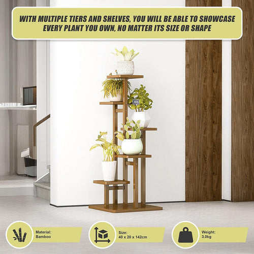 6 Tiers Vertical Bamboo Plant Stand Staged Flower Shelf Rack Outdoor Garden - Dark Wood