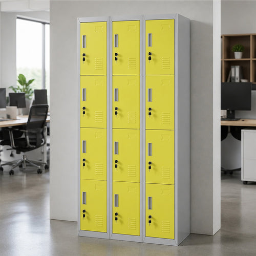 12-Door Steel Locker – Grey with Yellow Door, Standard Lock with 2 Keys