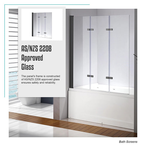3 Fold Black Folding Bath Shower Screen Door Panel - 130 x 140cm