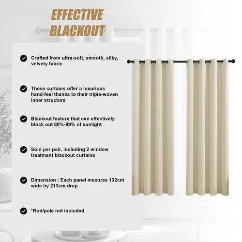 Cream 2X Blockout Curtains – Blackout Window Draperies Pair with Eyelets for Bedroom 132x213cm