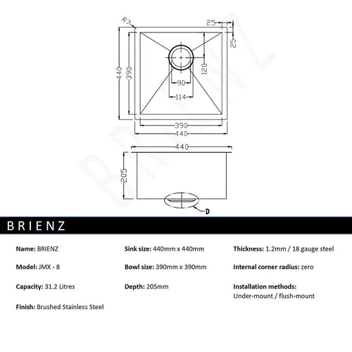 440x440mm Stainless Steel Handmade 1.2mm Sink with Waste in Stainless Steel 304 Finish
