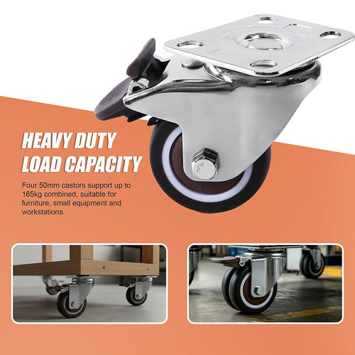 50mm Swivel Caster Wheels Set of 4 with Brakes Twin Wheel Design