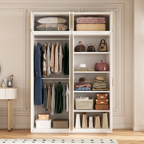 160x240cm 4-Door White Steel Hanging and Shelf Wardrobe with Gold Handle Storage Cabinet