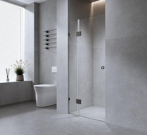 100cm Wall to Wall Frameless Shower Screen with Gold Brackets and Brass Hinges, Round Handle