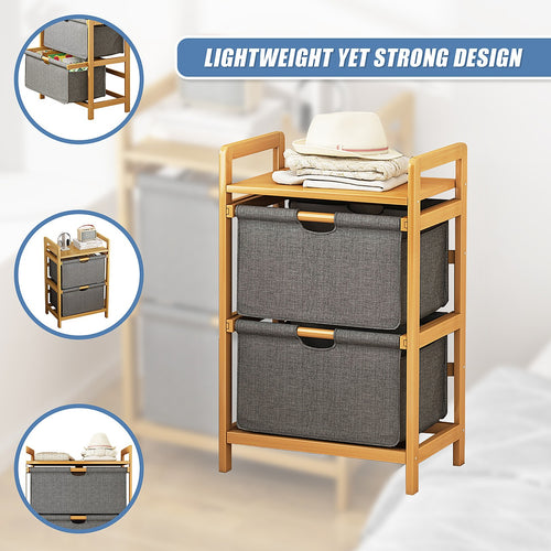 Bamboo Shelf with Storage Hamper – Wooden Organiser Rack with 2 Removable Laundry Bags