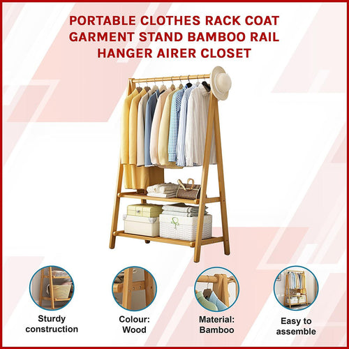 Portable Clothes Rack Coat Garment Stand Bamboo Rail Hanger Airer Closet - Wood