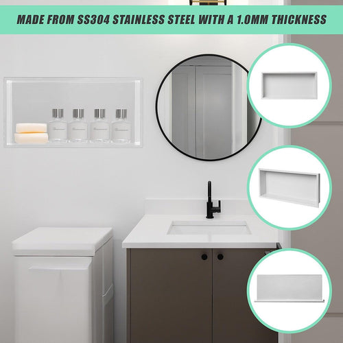 641 x 336 x 101mm Shower Niche Single Shelf Organizer No Tile Needed in White Finish