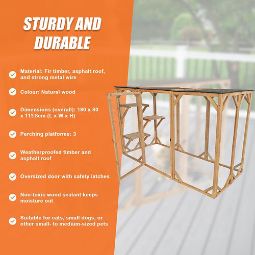 180cm Large Cat Enclosure Wooden Outdoor Cage with 3 Platforms