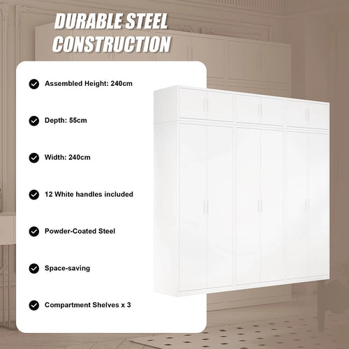240x240cm 6-Door White Steel Shelf Wardrobe with White Handle Storage Cabinet