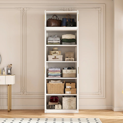 80x240cm 2-Door White Steel Shelf Wardrobe with Gold Handle Storage Cabinet