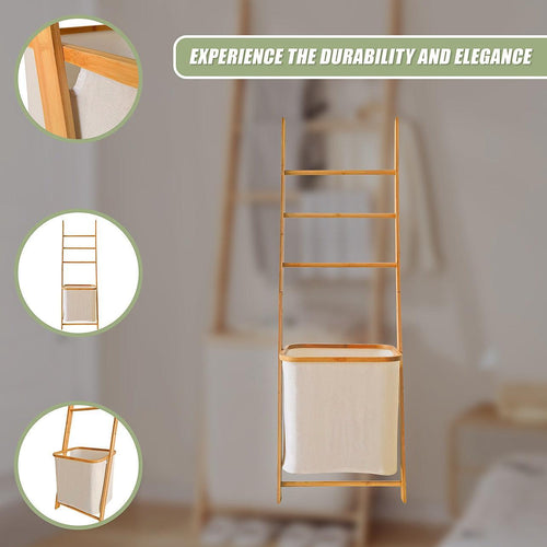 Wall Leaning Ladder Shelf with Laundry Basket Clothes Hamper Bath Towel Rack