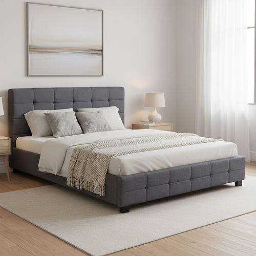 Queen Deluxe Grey Linen Fabric Upholstered Bed Frame with Headboard & Slats