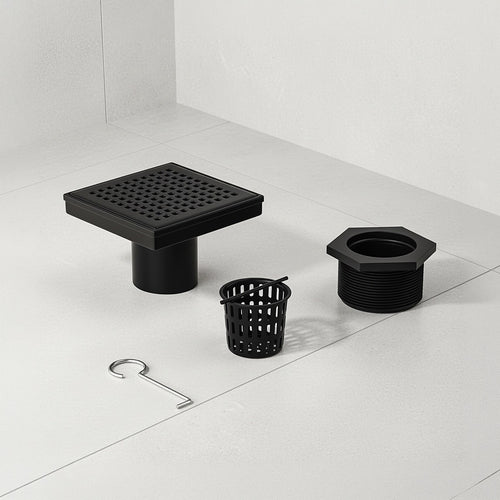10 x 10cm Square Shower Drain with Grid Pattern Grate – Matte Black Stainless Steel