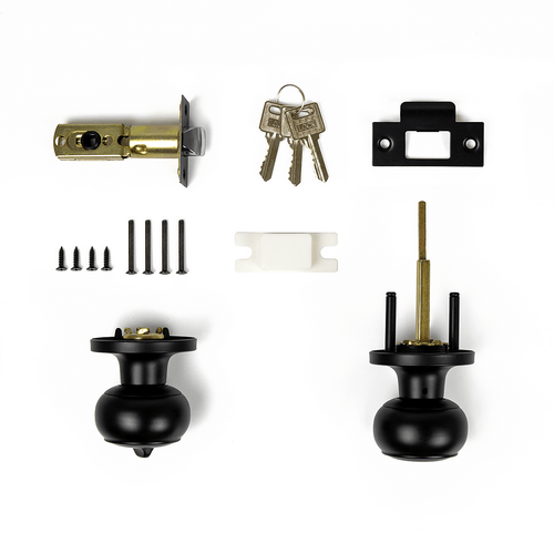 Door Handle Set Lever Key Lock Function Round Black