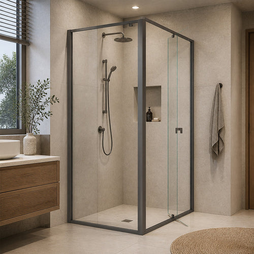 Semi-Frameless Shower Screen – Gunmetal, Front: (98~106)x195cm, Side: (89~92)x195cm