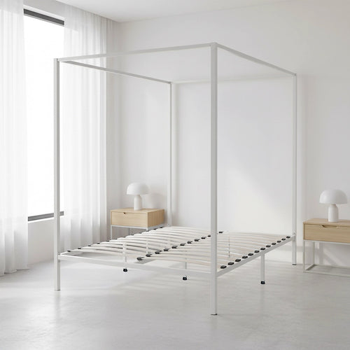 4-Poster Double Bed Frame – Sturdy Cream Modern Canopy Bed for Bedroom