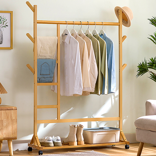 Portable Bamboo Clothes Rack with Garment Rail, Storage Shelves & Rolling Wheels