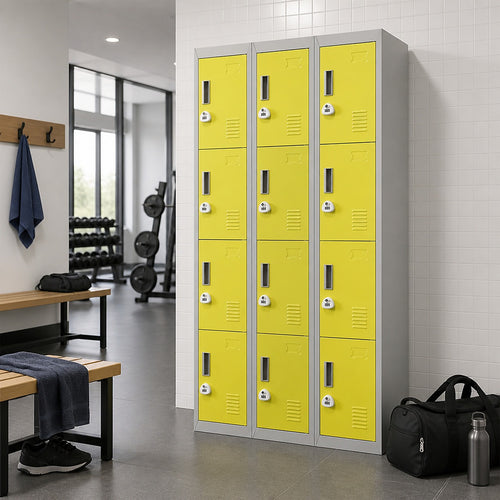12-Door Steel Locker – Grey with Yellow Door, 3-Digit Combination Lock