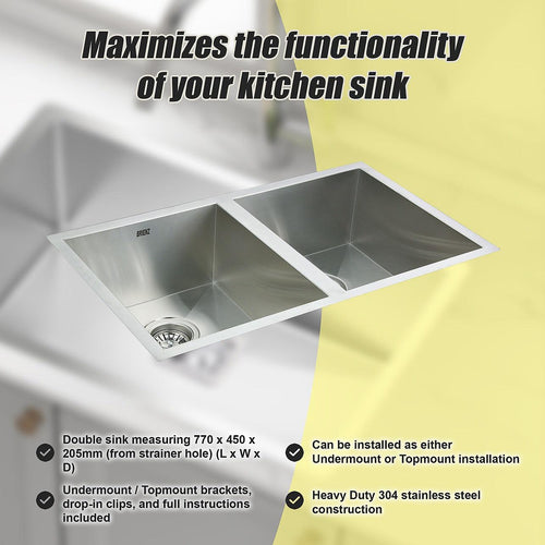 1.2mm Handmade Double Stainless Steel Sink with Waste - 770x450mm