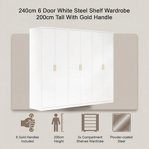 240x200cm 6-Door White Steel Shelf Wardrobe with Gold Handle Storage Cabinet
