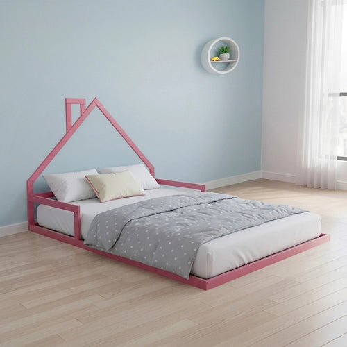 Low Bed for Kids - Pink Pine Wood Double Floor Bed