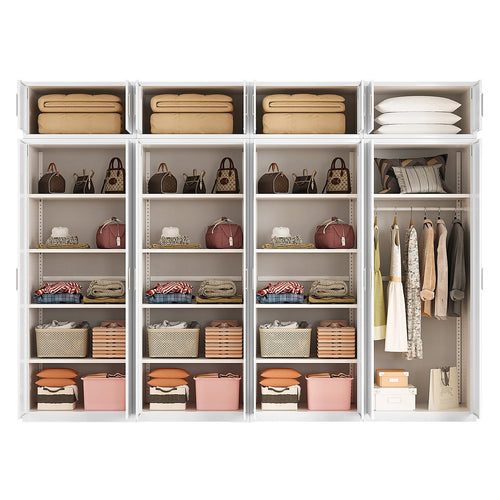 320x240cm 8-Door White Steel 1 Hanging and 3 Shelf Wardrobe with White Handle Storage Cabinet