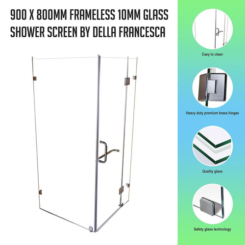 Frameless 10mm Glass Shower Screen 90 x 80cm Nickel Hinges/Brackets and Round Handle