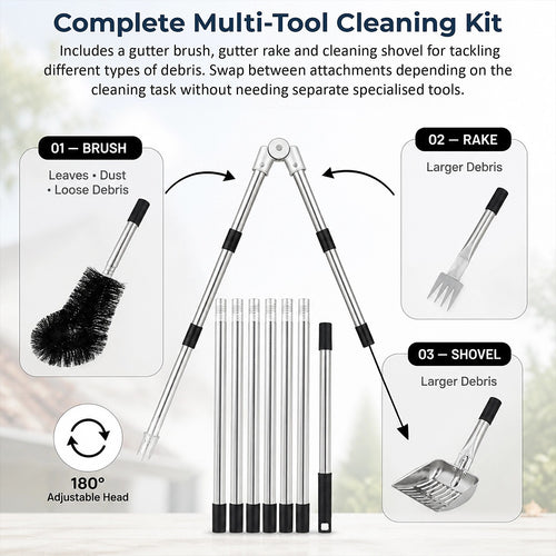 4M Telescopic Gutter Cleaning Tool Kit with Brush, Rake & Pole