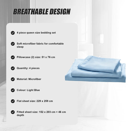 Queen 4 Piece Microfiber Sheet Set Deep Pocket Light Blue