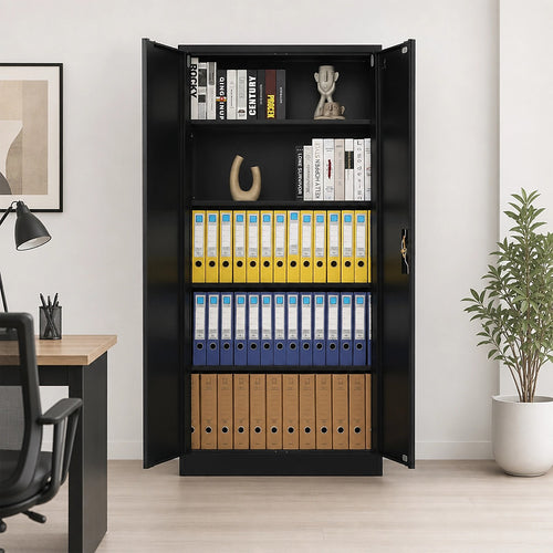 Double-Door Metal Cabinet with 4 Shelves – Office, Garage, or Home Storage in Black without Legs