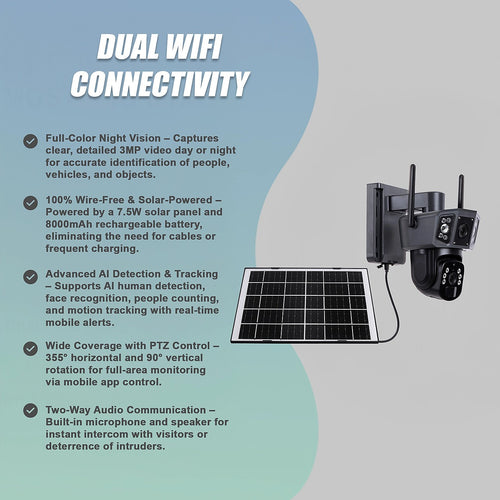 9MP Wireless Solar Security Camera – WIFI Outdoor Battery PTZ CCTV System for Home & Property