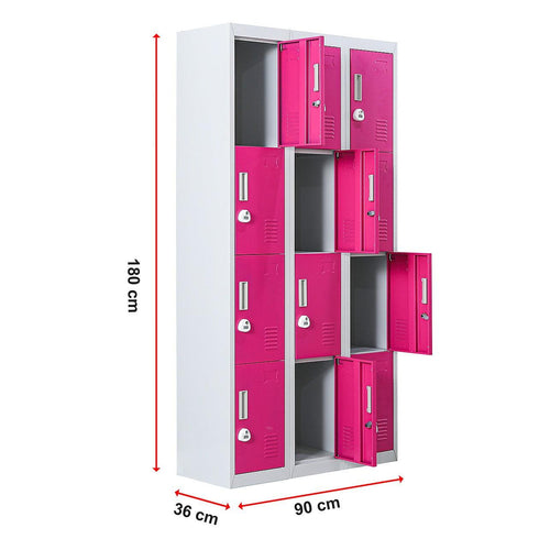 Grey with Pink Door 12-Door Locker for Office Gym Shed School Home Storage - 3-Digit Combination Lock