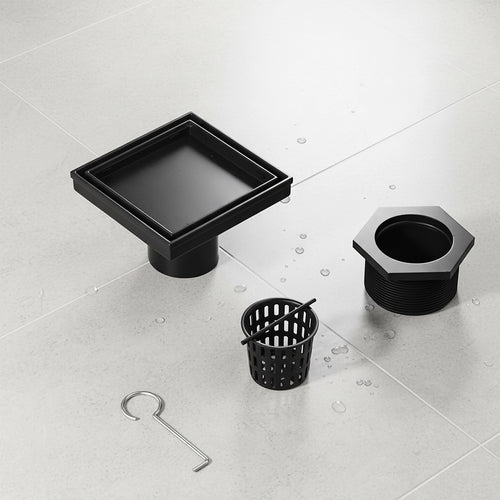 15 x 15cm Square Shower Drain with Tile Insert Grate – Matte Black Stainless Steel