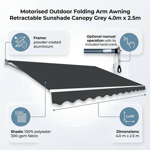 Automatic Retractable Awning 4x2.5m - Grey Outdoor Wall Sunshade