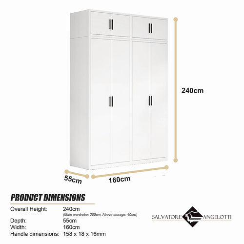 160x240cm 4-Door White Steel Hanging Wardrobe with Black Handle Storage Cabinet
