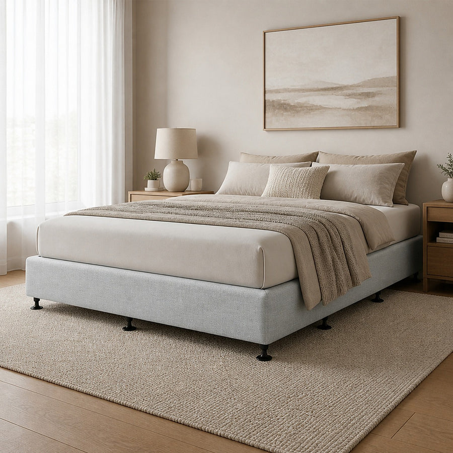 Queen Slatted Ensemble Bed Base - Grey Linen Breathable Cover