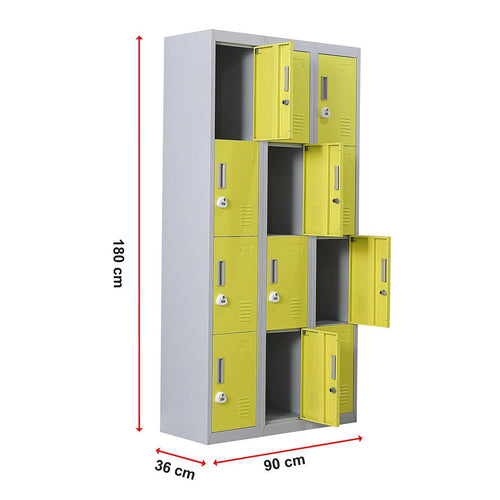 Grey with Yellow Door 12-Door Locker for Office Gym Shed School Home Storage - 3-Digit Combination Lock