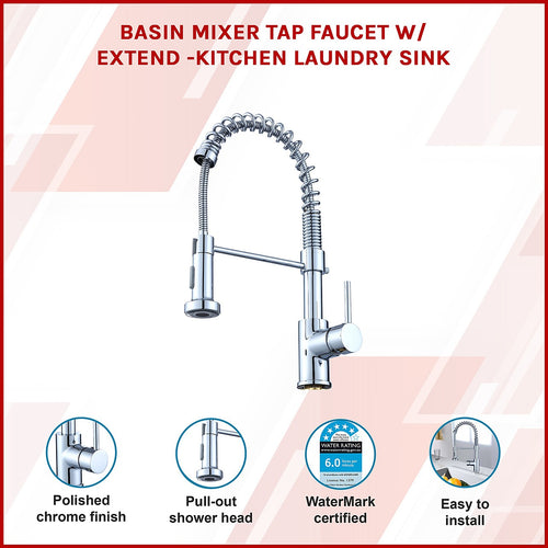 Basin Mixer Tap Faucet with Extendable Spout – Kitchen & Laundry Sink in Chrome