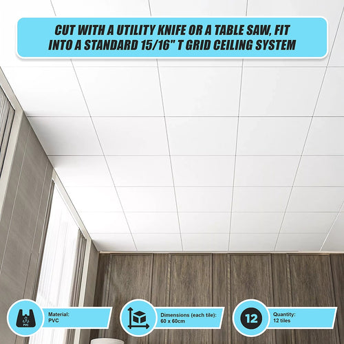 12pc 60x60cm Smooth PVC Drop Ceiling Tiles – Durable Panels for Office & Home